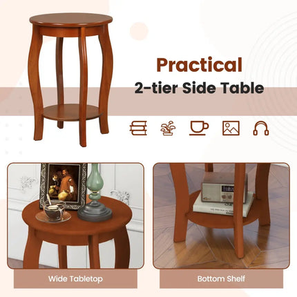 Set of 2 15 Inch 2-Tier Round End Table with Storage Shelf-Walnut - Walnut - Living Room