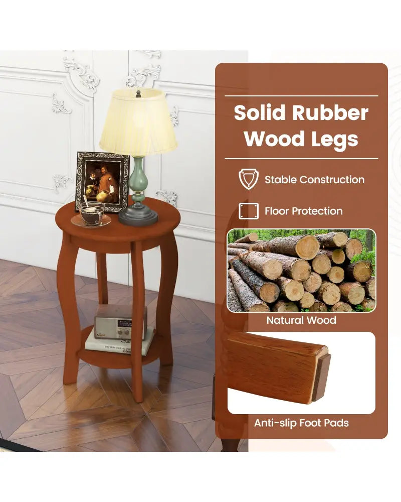 Set of 2 15 Inch 2-Tier Round End Table with Storage Shelf-Walnut - Walnut - End & Side Tables