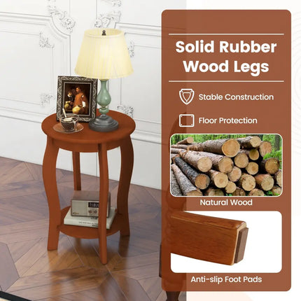 Set of 2 15 Inch 2-Tier Round End Table with Storage Shelf-Walnut - Walnut - Living Room