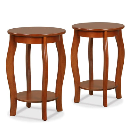 Set of 2 15 Inch 2-Tier Round End Table with Storage Shelf-Walnut - Walnut - Living Room