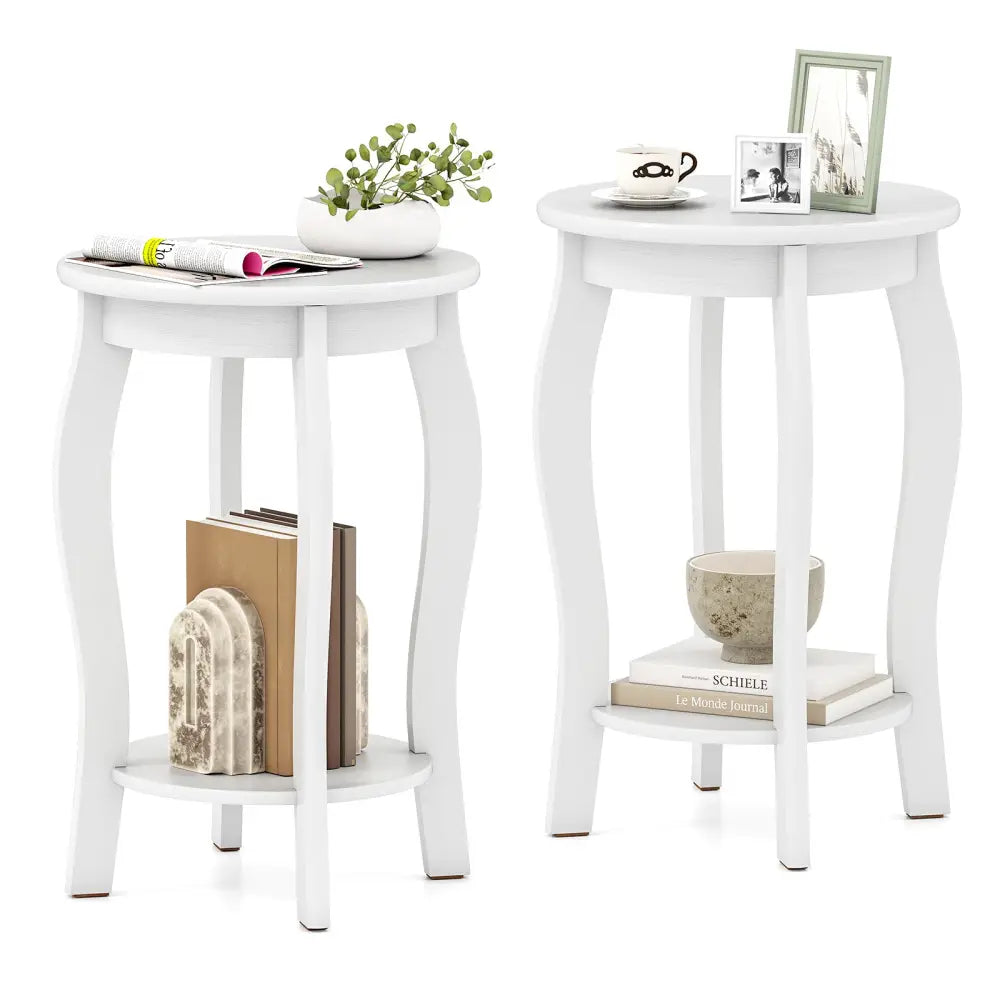 Set of 2 15 Inch 2-Tier Round End Table with Storage Shelf-White - White - End & Side Tables