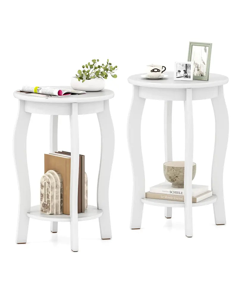 Set of 2 15 Inch 2-Tier Round End Table with Storage Shelf-White - White - End & Side Tables