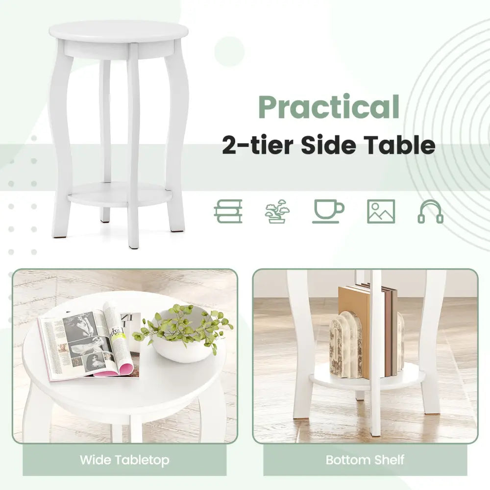 Set of 2 15 Inch 2-Tier Round End Table with Storage Shelf-White - White - End & Side Tables