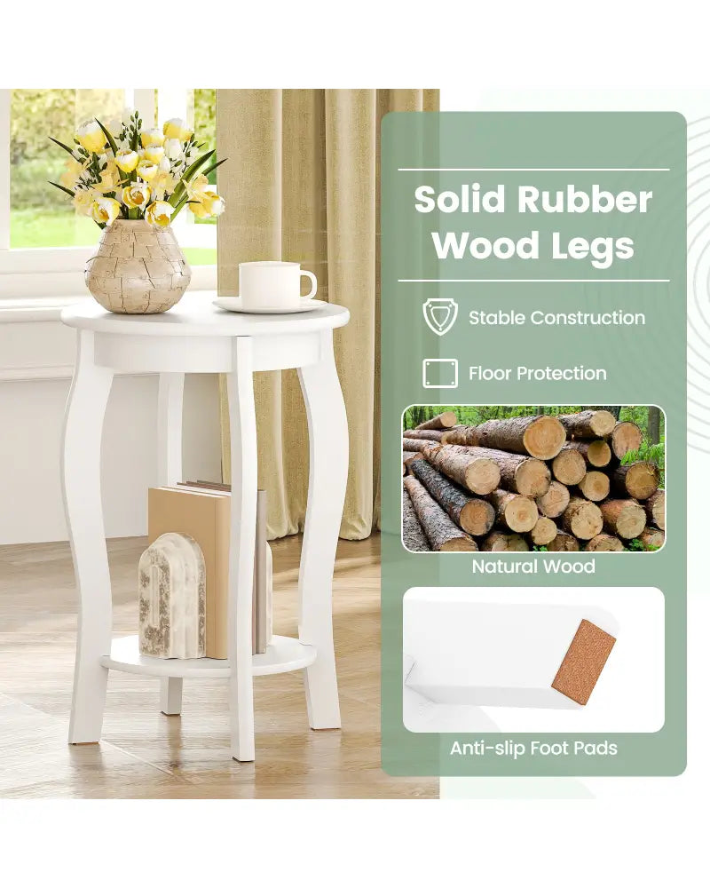 Set of 2 15 Inch 2-Tier Round End Table with Storage Shelf-White - White - End & Side Tables
