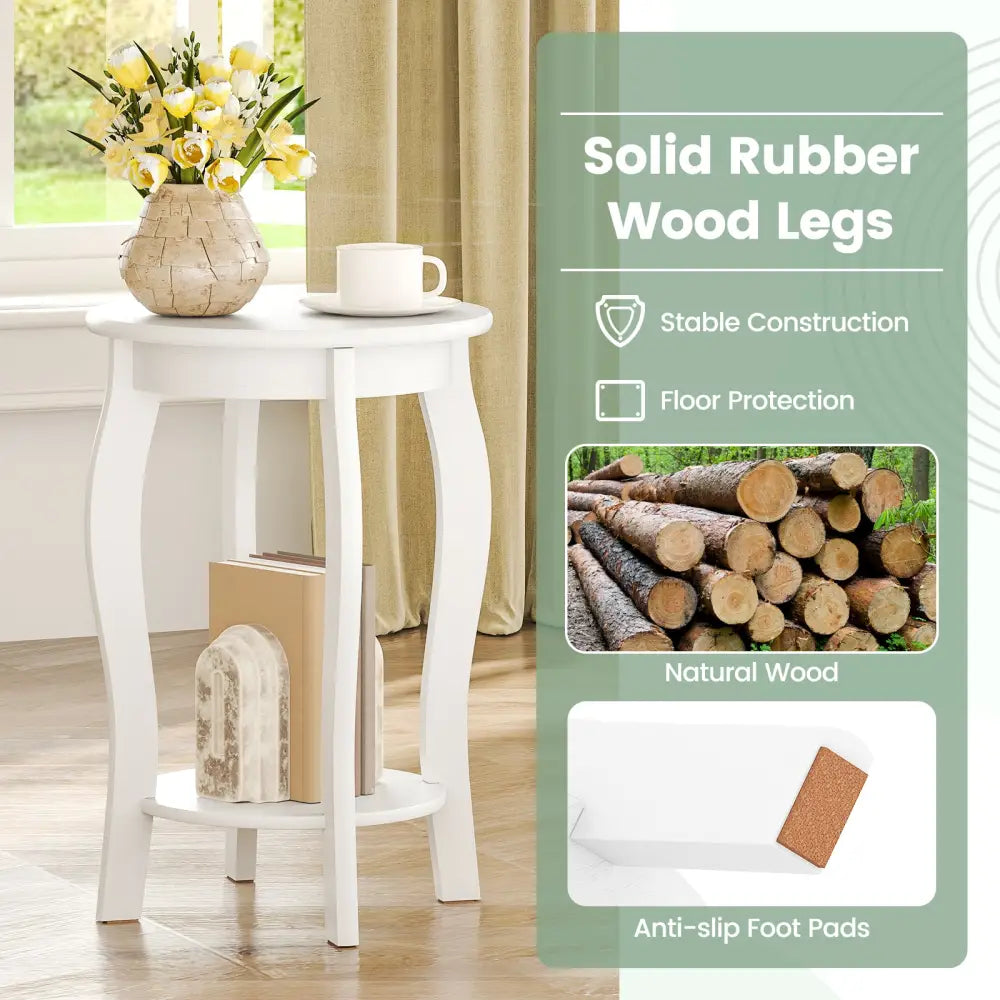 Set of 2 15 Inch 2-Tier Round End Table with Storage Shelf-White - White - End & Side Tables