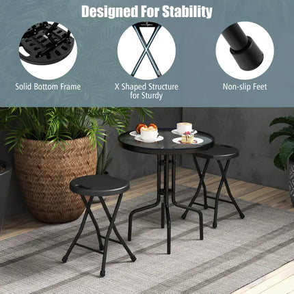 Set of 2 18 Inch Collapsible Round Stools with Handle-Black - Black - Patio Dining Chairs
