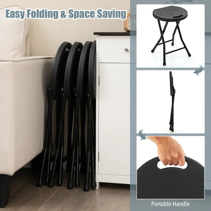 Set of 2 18 Inch Collapsible Round Stools with Handle-Black - Black - Patio Dining Chairs