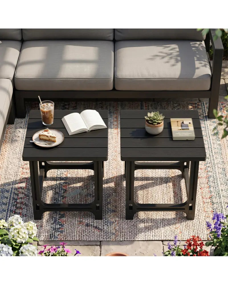 Set of 2 18 Inch Outdoor Adirondack Side Table with Slatted Surface-Black - Black - Patio Coffee Tables
