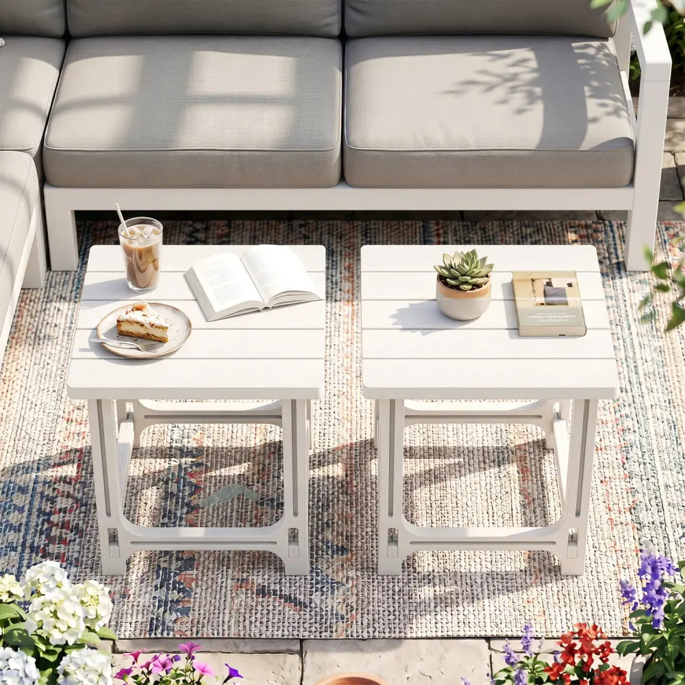 Set of 2 18 Inch Outdoor Adirondack Side Table with Slatted Surface-White - White - Patio Coffee Tables