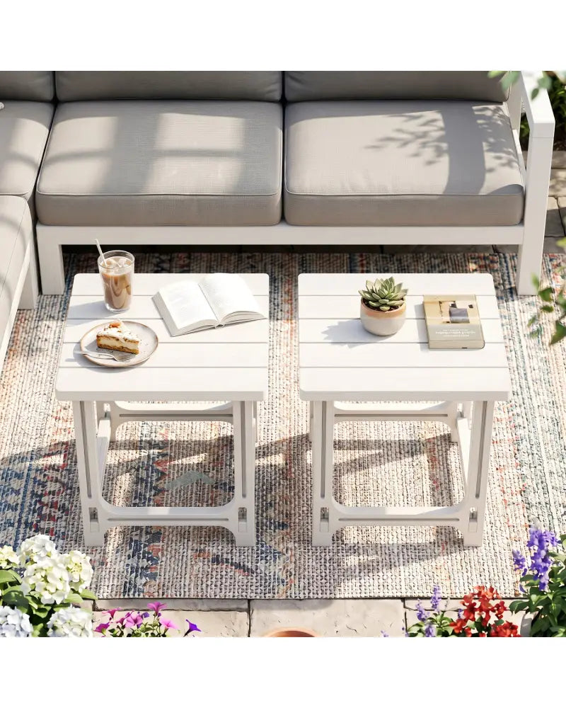 Set of 2 18 Inch Outdoor Adirondack Side Table with Slatted Surface-White - White - Patio Coffee Tables