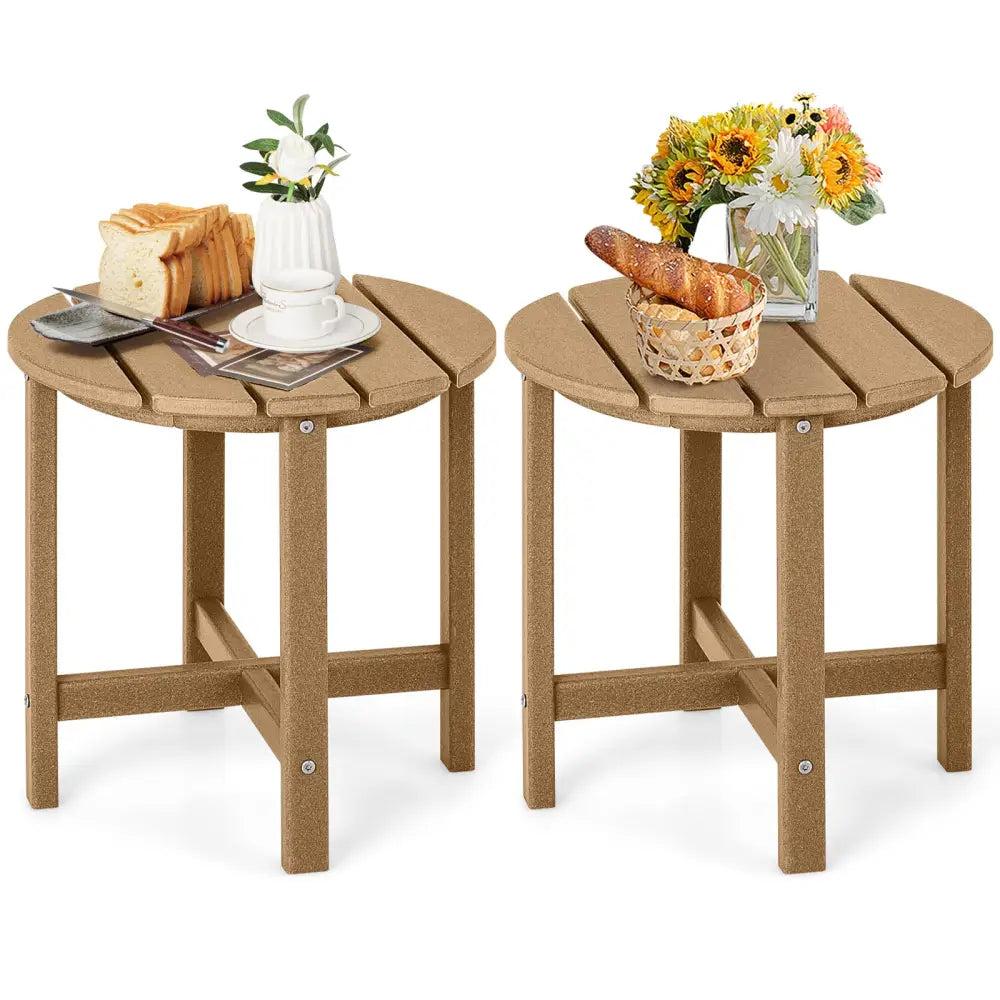 Set of 2 18 Inch Round Weather-Resistant Adirondack Side Tables-Brown - Brown - Patio Coffee Tables