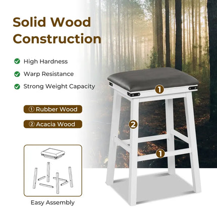 Set of 2 24/30 Inch Dining Bar Stool with Acacia Wood Frame-30 inches - White - Bar Stools