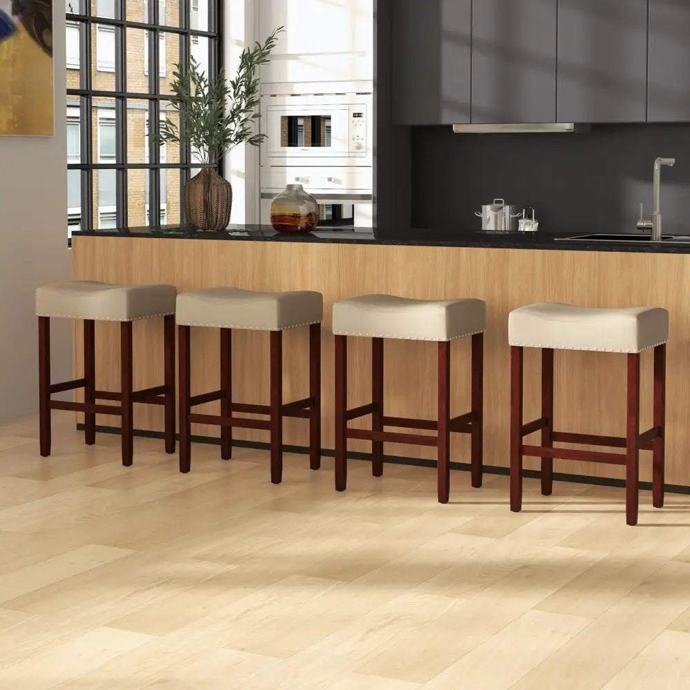 Set of 2 24 Inch Bar Stool with Curved Seat Cushions-Beige - Beige - Bar Stools