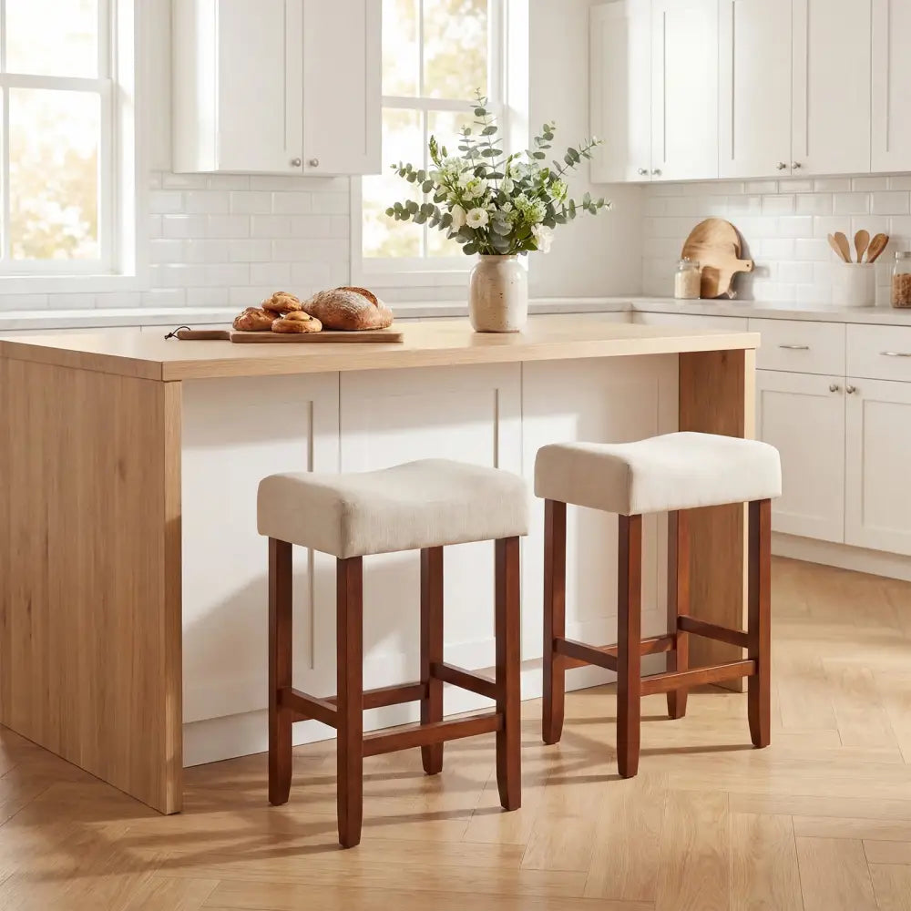 Set of 2 24 Inch Bar Stool with Curved Seat Cushions-Off White - Off White - Bar Stools