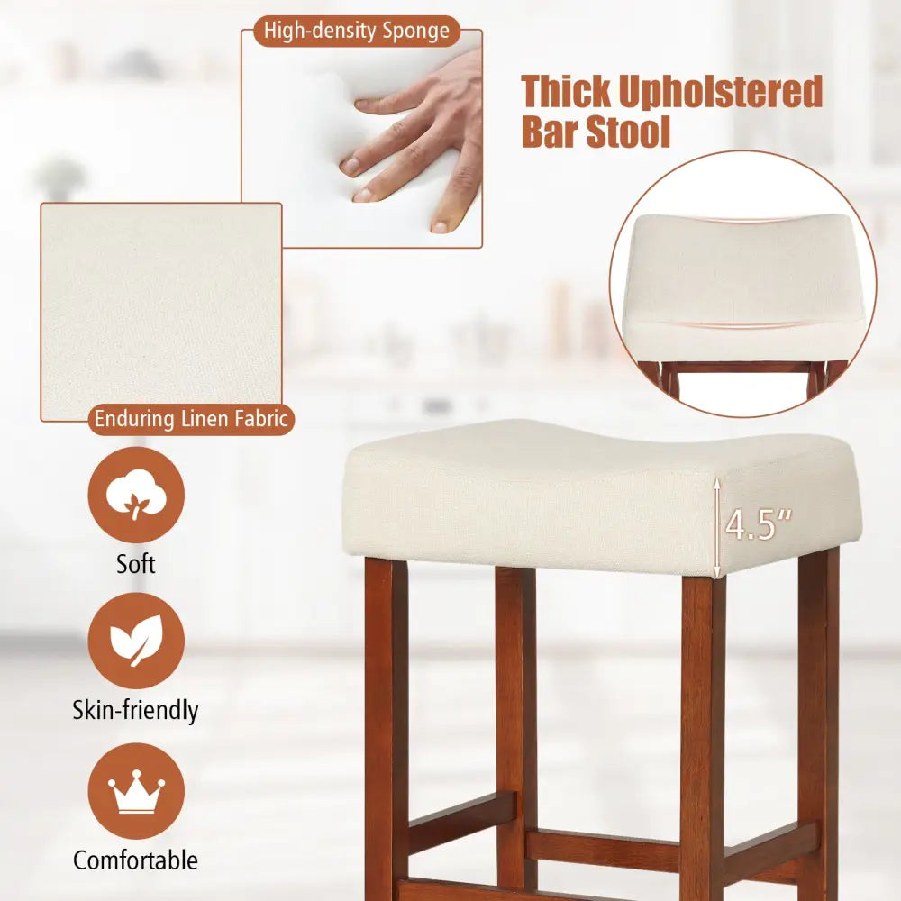 Set of 2 24 Inch Bar Stool with Curved Seat Cushions-Off White - Off White - Bar Stools