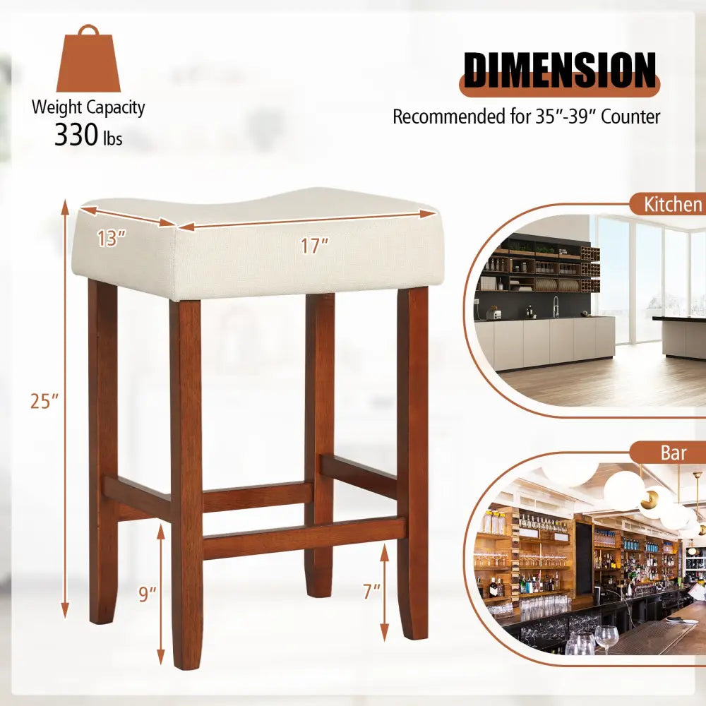 Set of 2 24 Inch Bar Stool with Curved Seat Cushions-Off White - Off White - Bar Stools