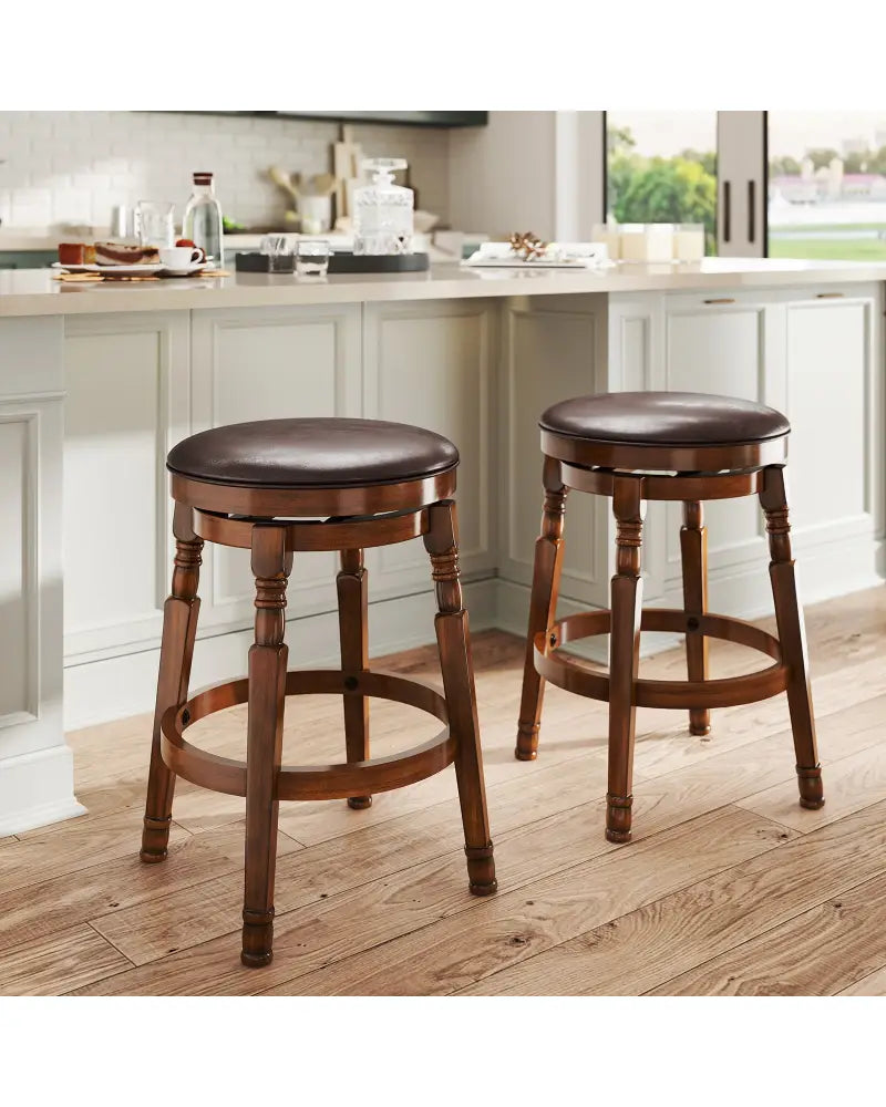 Set of 2 24-Inch Swivel Leather Padded Bar Dining Stools - Walnut - Bar Stools