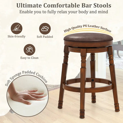 Set of 2 24-Inch Swivel Leather Padded Bar Dining Stools - Walnut - Bar Stools