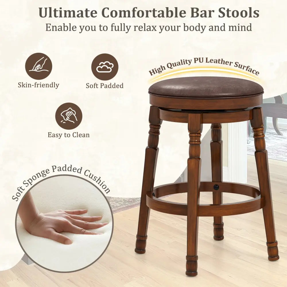 Set of 2 24-Inch Swivel Leather Padded Bar Dining Stools - Walnut - Bar Stools