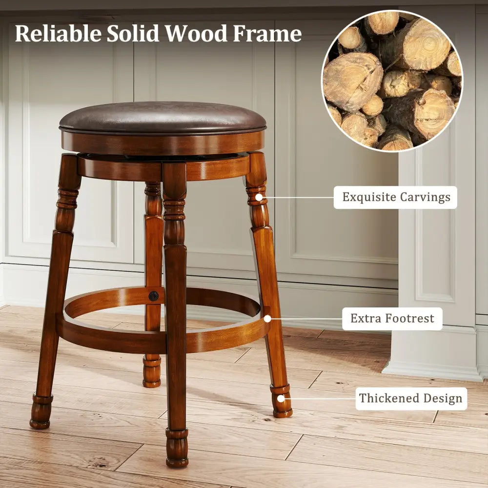 Set of 2 24-Inch Swivel Leather Padded Bar Dining Stools - Walnut - Bar Stools