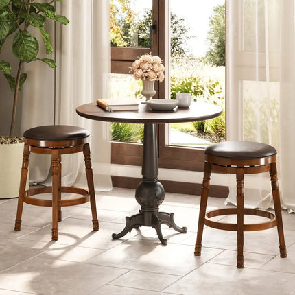 Set of 2 24-Inch Swivel Leather Padded Bar Dining Stools - Walnut - Bar Stools