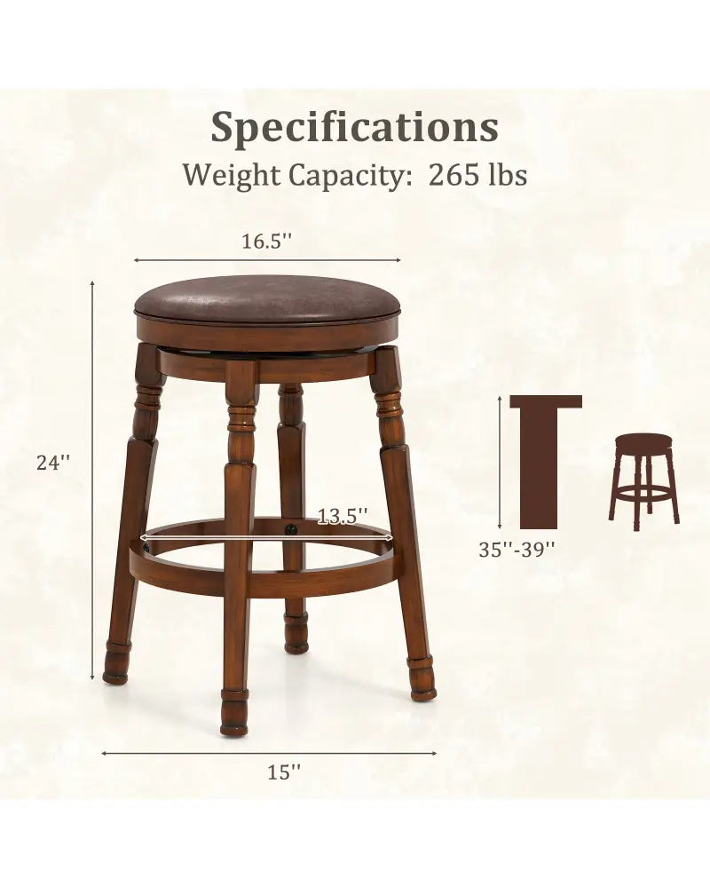 Set of 2 24-Inch Swivel Leather Padded Bar Dining Stools - Walnut - Bar Stools