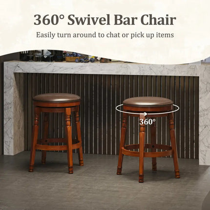Set of 2 24-Inch Swivel Leather Padded Bar Dining Stools - Walnut - Bar Stools