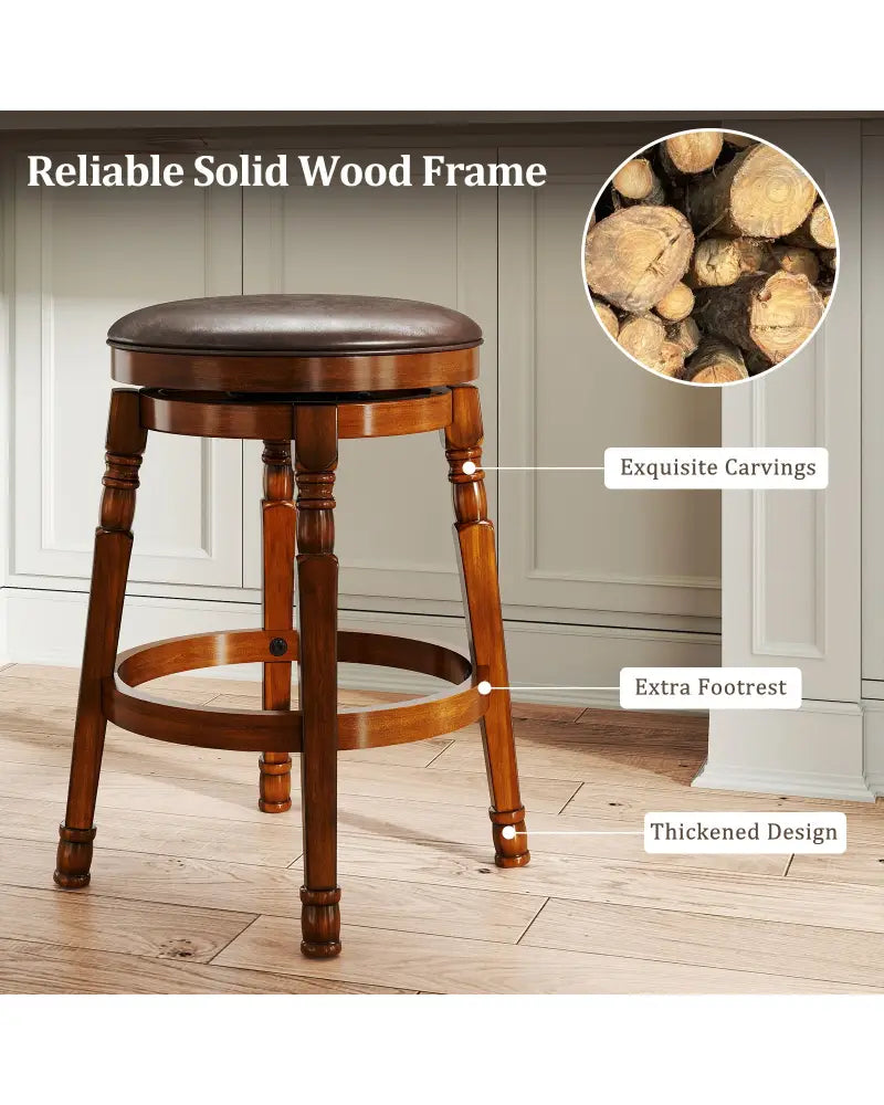 Set of 2 24-Inch Swivel Leather Padded Bar Dining Stools - Walnut - Bar Stools