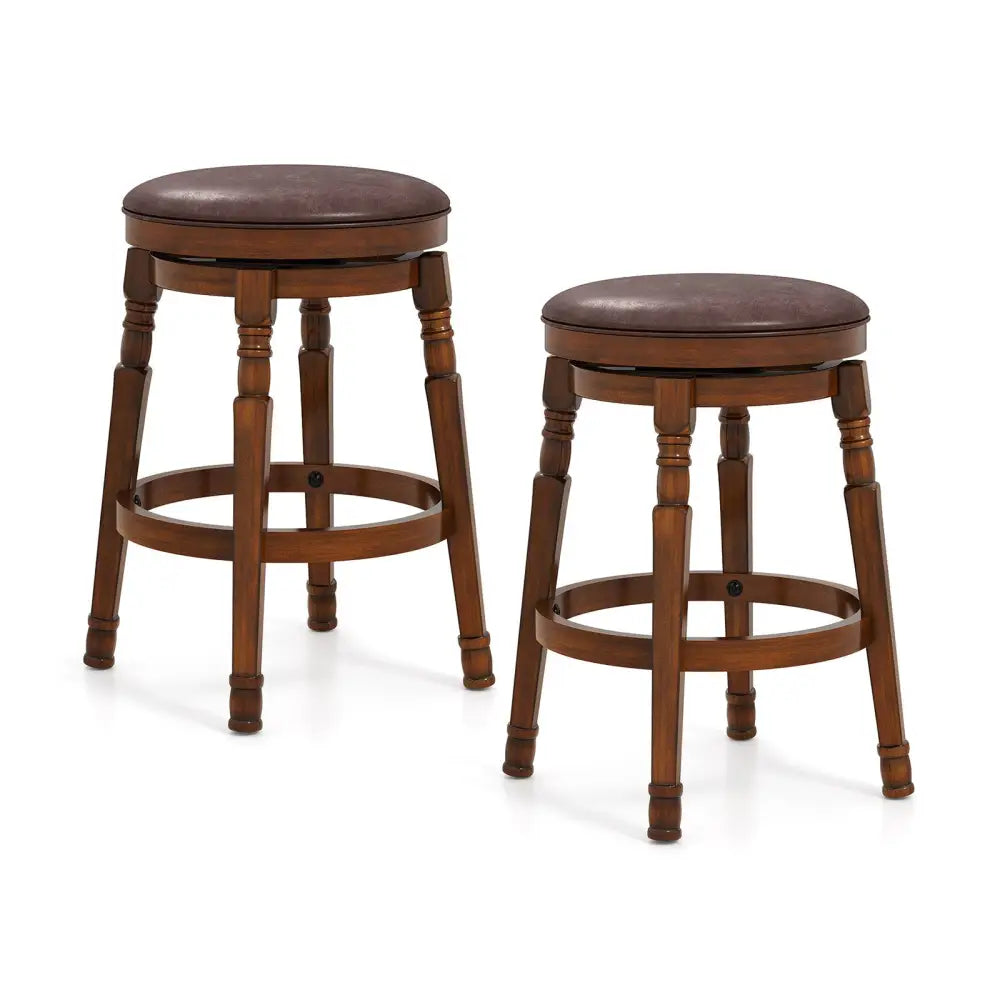 Set of 2 24-Inch Swivel Leather Padded Bar Dining Stools - Walnut - Bar Stools