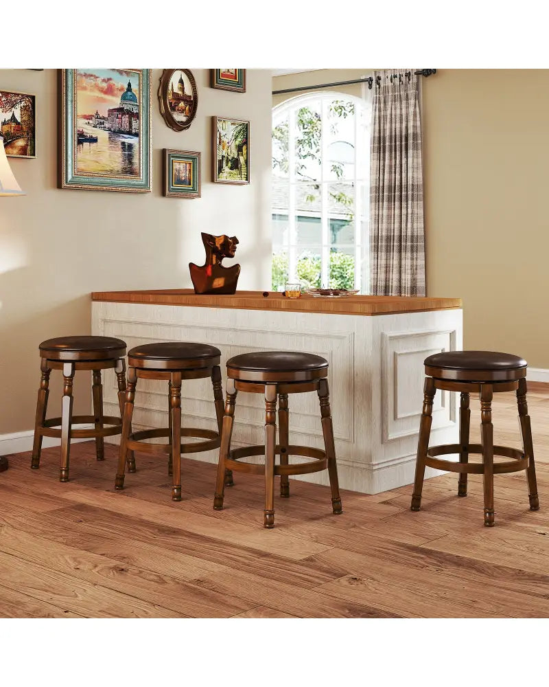 Set of 2 24-Inch Swivel Leather Padded Bar Dining Stools - Walnut - Bar Stools