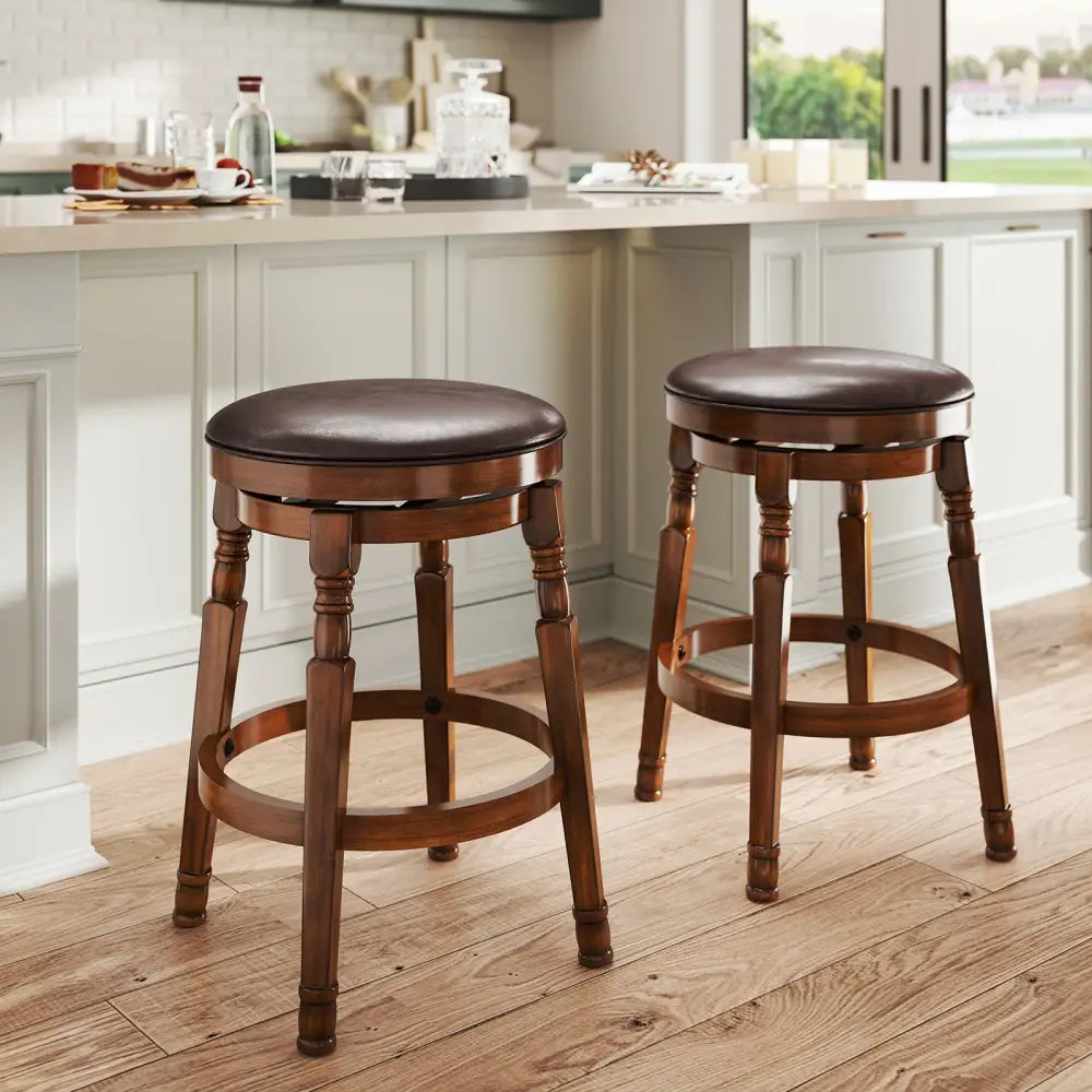 Set of 2 24-Inch Swivel Leather Padded Bar Dining Stools - Walnut - Bar Stools