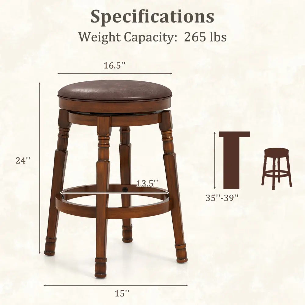 Set of 2 24-Inch Swivel Leather Padded Bar Dining Stools - Walnut - Bar Stools
