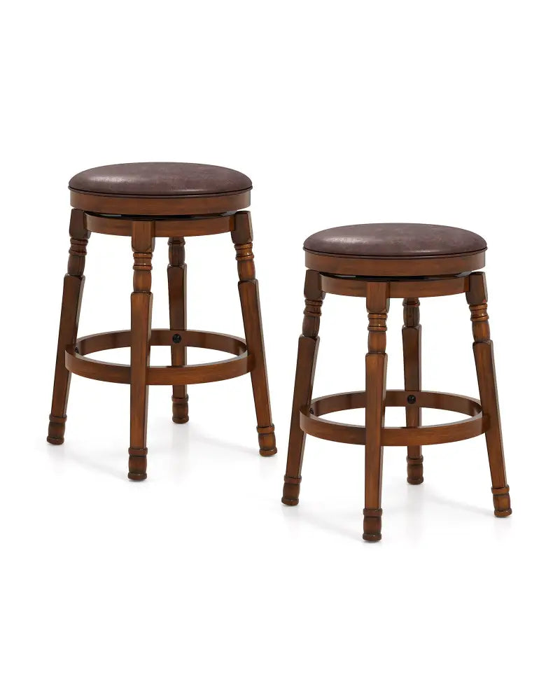Set of 2 24-Inch Swivel Leather Padded Bar Dining Stools - Walnut - Bar Stools