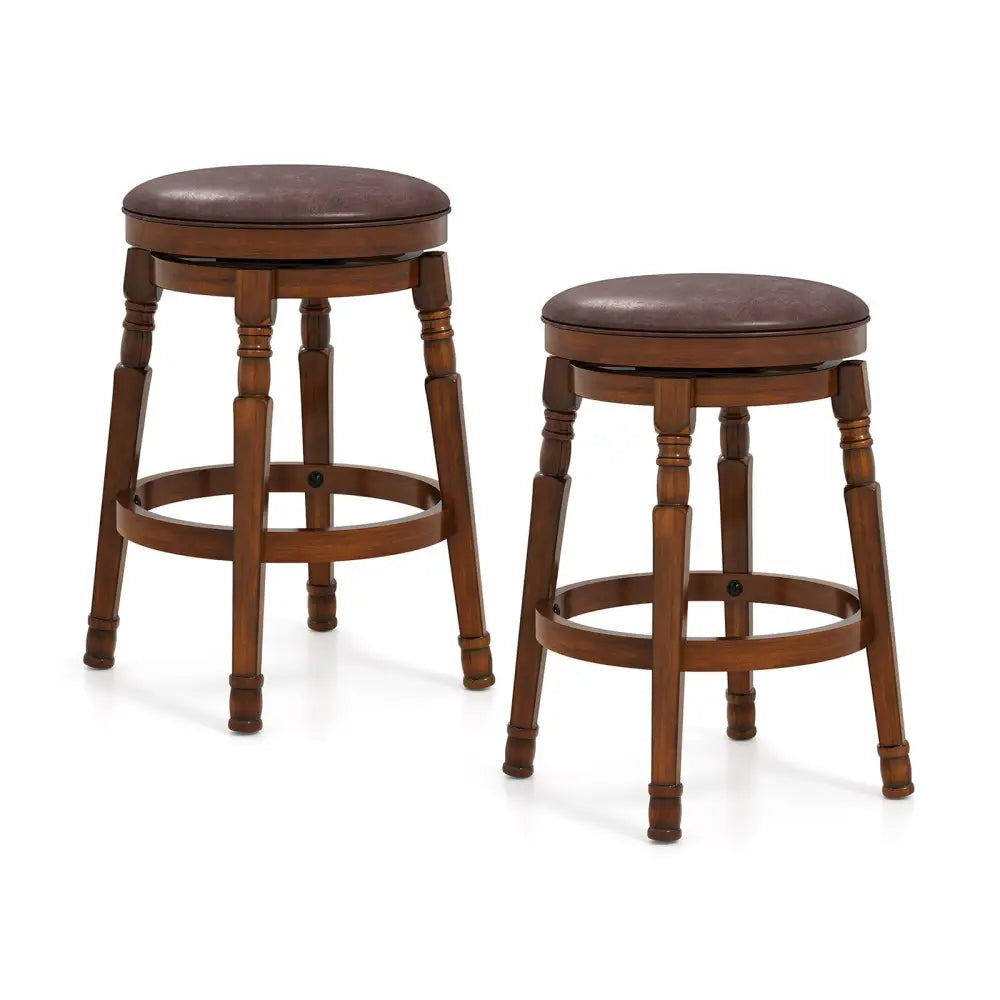 Set of 2 24-Inch Swivel Leather Padded Bar Dining Stools - Walnut - Bar Stools