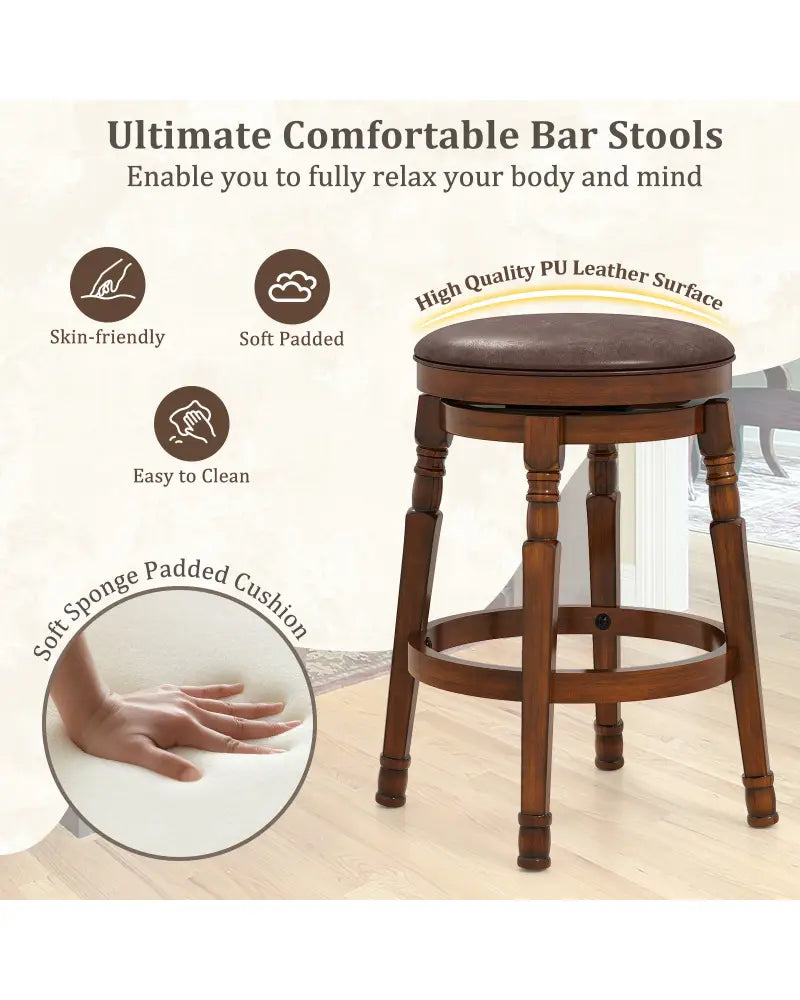 Set of 2 24-Inch Swivel Leather Padded Bar Dining Stools - Walnut - Bar Stools