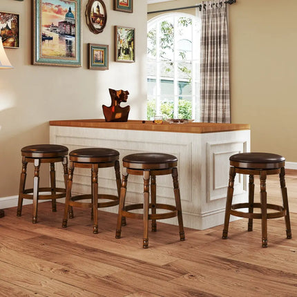 Set of 2 24-Inch Swivel Leather Padded Bar Dining Stools - Walnut - Bar Stools