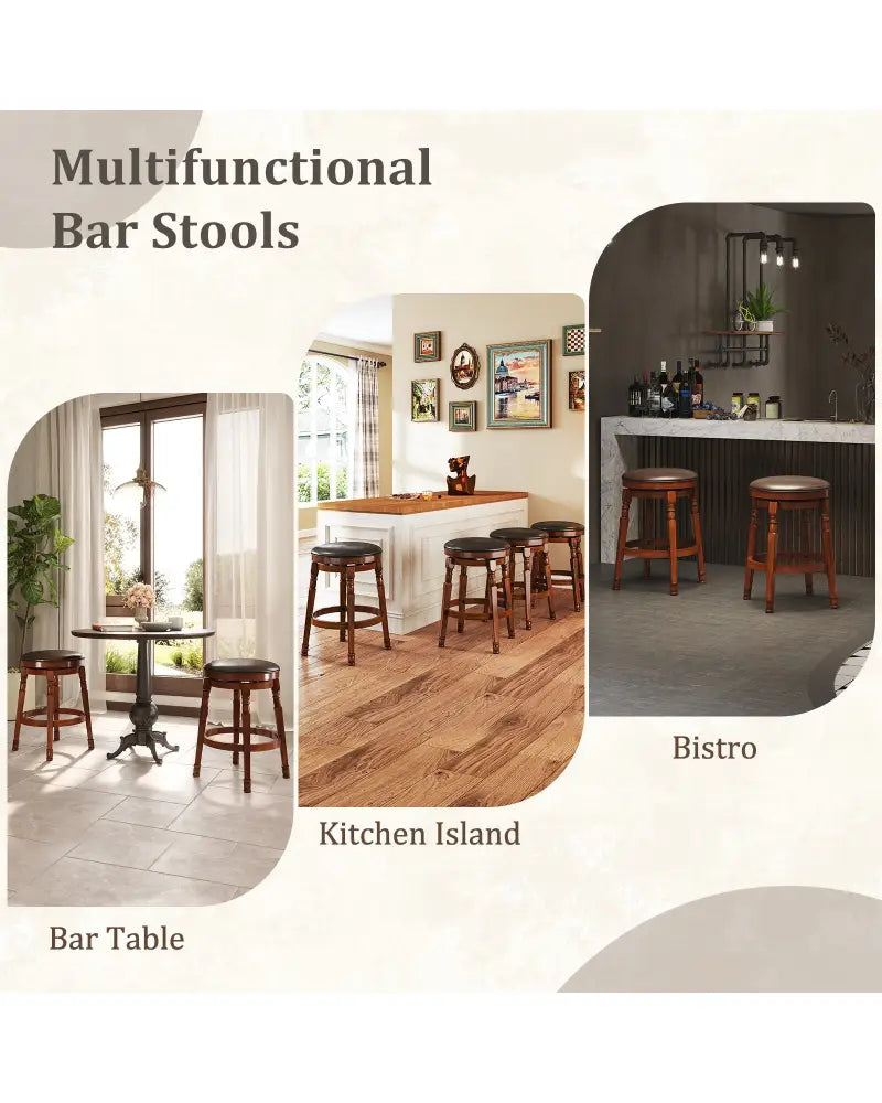 Set of 2 24-Inch Swivel Leather Padded Bar Dining Stools - Walnut - Bar Stools