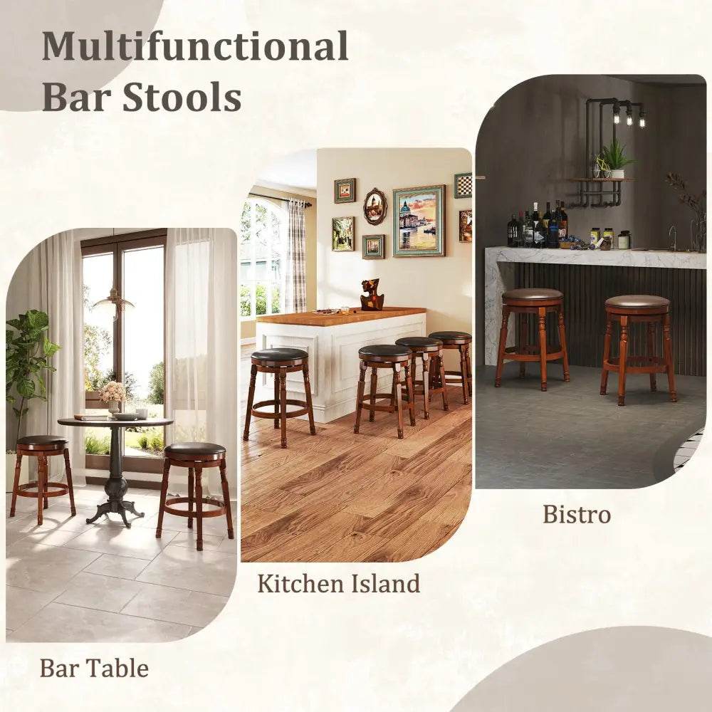 Set of 2 24-Inch Swivel Leather Padded Bar Dining Stools - Walnut - Bar Stools