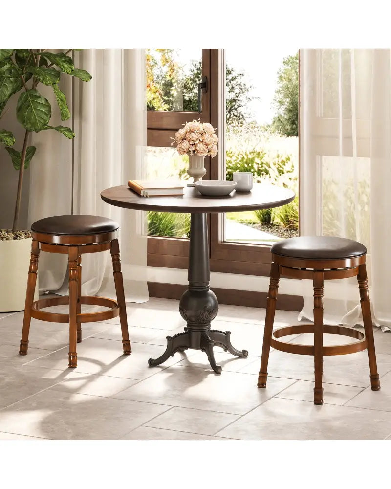Set of 2 24-Inch Swivel Leather Padded Bar Dining Stools - Walnut - Bar Stools