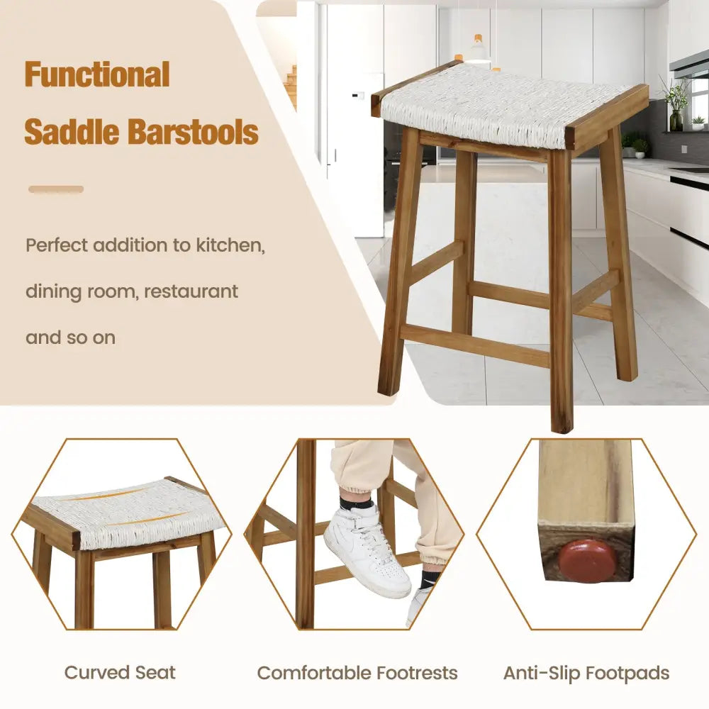 Set of 2 25.5 Inch Dining Bar Stool with Seaweed Woven Seat - Beige - Bar Stools