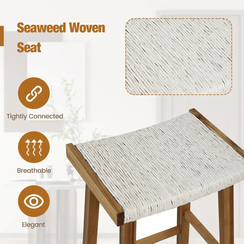 Set of 2 25.5 Inch Dining Bar Stool with Seaweed Woven Seat - Beige - Bar Stools