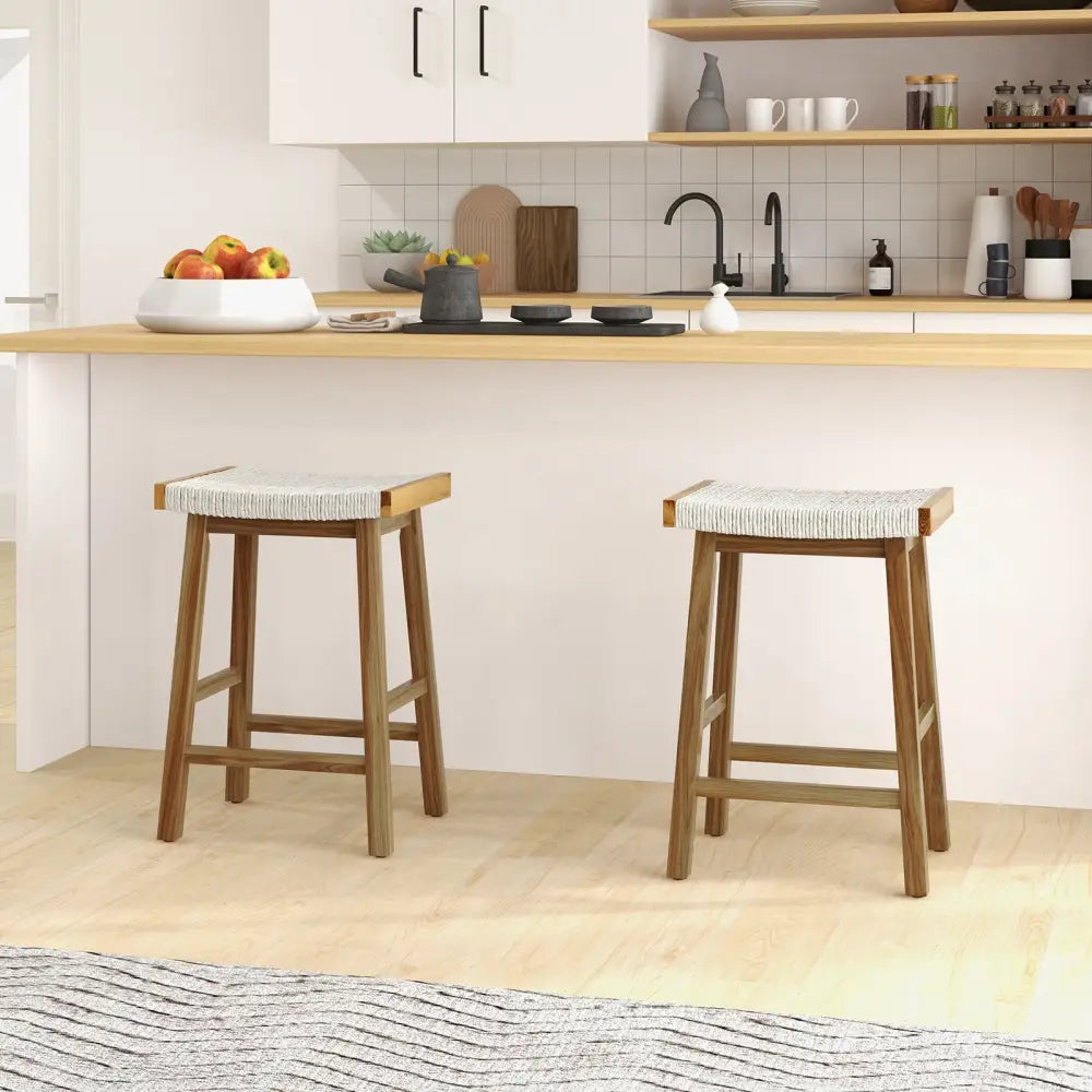 Set of 2 25.5 Inch Dining Bar Stool with Seaweed Woven Seat - Beige - Bar Stools
