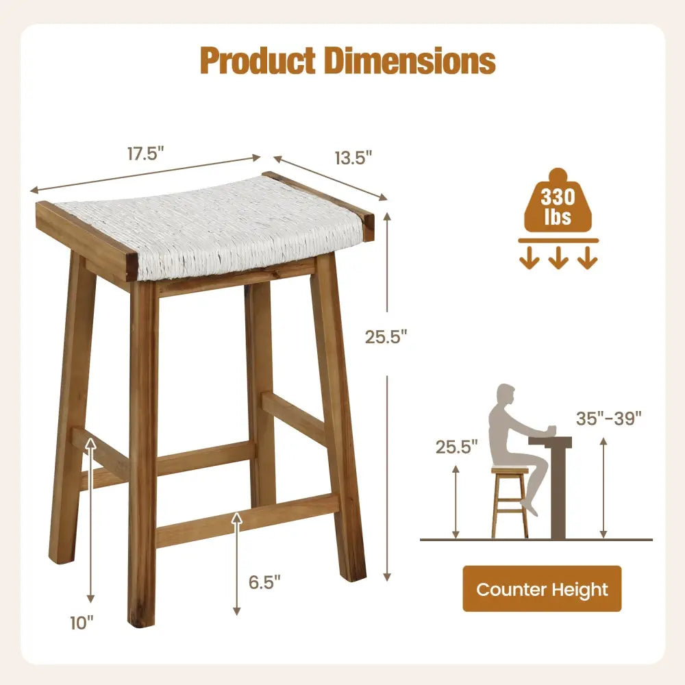 Set of 2 25.5 Inch Dining Bar Stool with Seaweed Woven Seat - Beige - Bar Stools