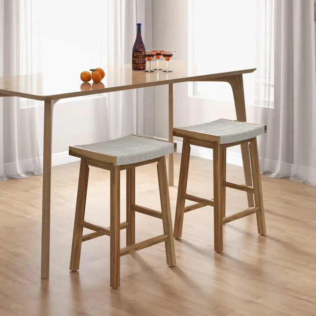 Set of 2 25.5 Inch Dining Bar Stool with Seaweed Woven Seat - Beige - Bar Stools