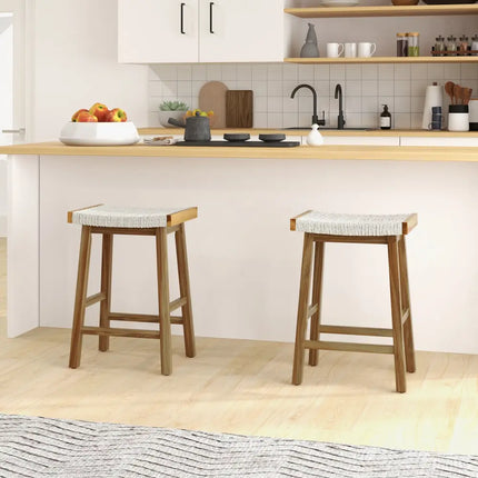 Set of 2 25.5 Inch Dining Bar Stool with Seaweed Woven Seat - Beige - Bar Stools