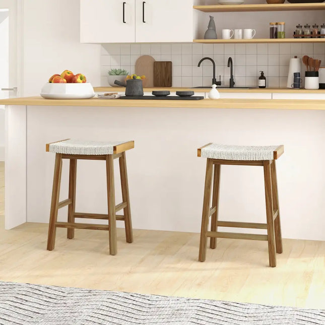 Set of 2 25.5 Inch Dining Bar Stool with Seaweed Woven Seat - Beige - Bar Stools