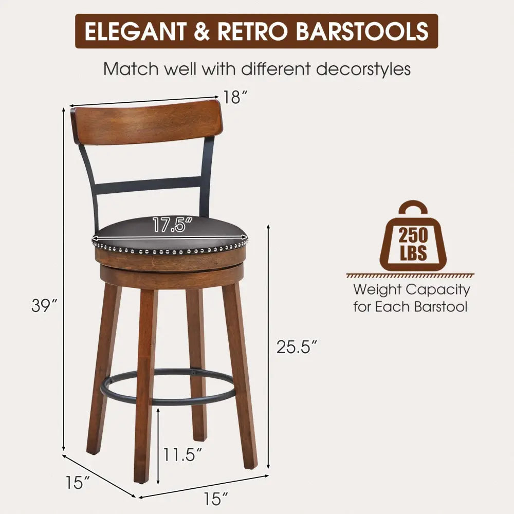 Set of 2 25.5 Inch Swivel Counter Height Bar Stool - Brown - Bar Stools