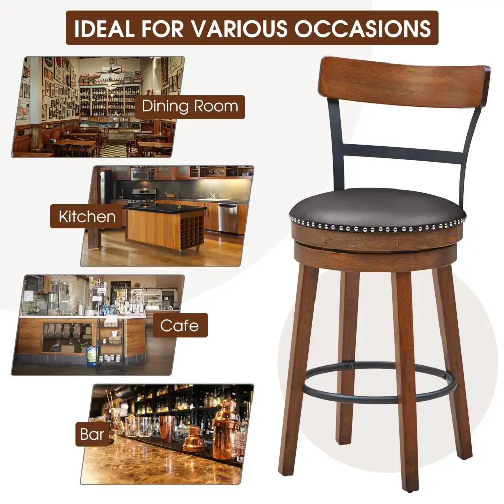 Set of 2 25.5 Inch Swivel Counter Height Bar Stool - Brown - Bar Stools