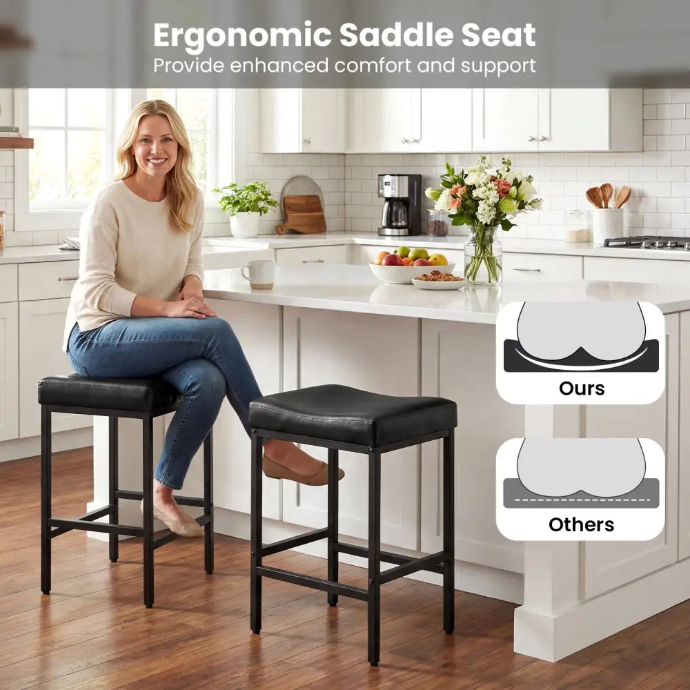 Set of 2 25 Inch Counter Height Bar Chairs for Kitchen Island-Black - Black - Bar Stools
