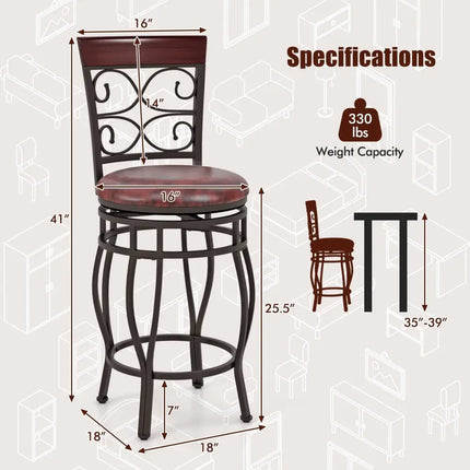 Set of 2 26 Inch Bar Stool with Backrest and Footrest-Brown - Brown - Dining Chairs
